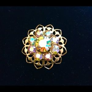 Vintage Gold Tone Circle Pin Rhinestone Brooch
